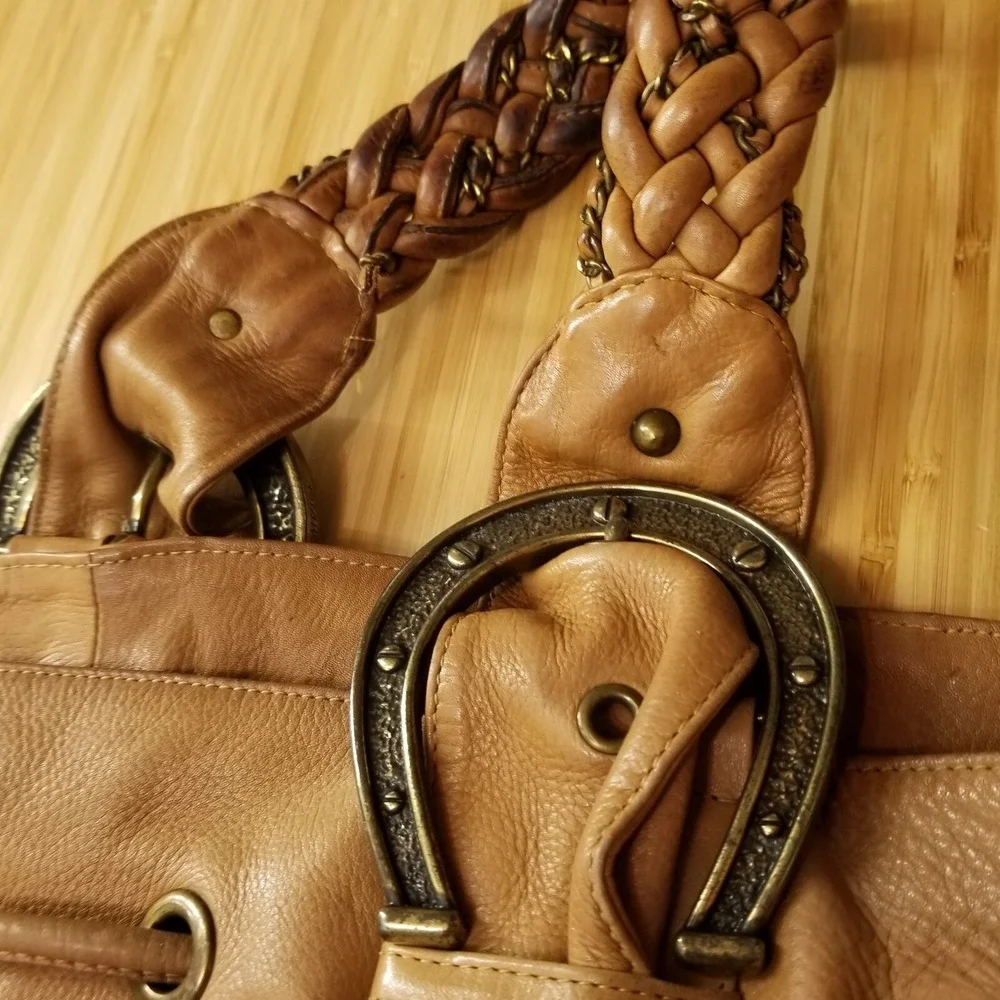 Vtg Betsey Johnson Leather Horseshoe‎ Bucket Bag Brown Y2K Western Cowgirl Hobo